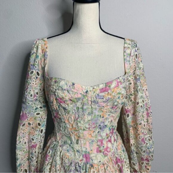 NWT Bardot Lila Flounce Broderie Pastel Floral Long Sleeve Mini Dress - Picture 6 of 13